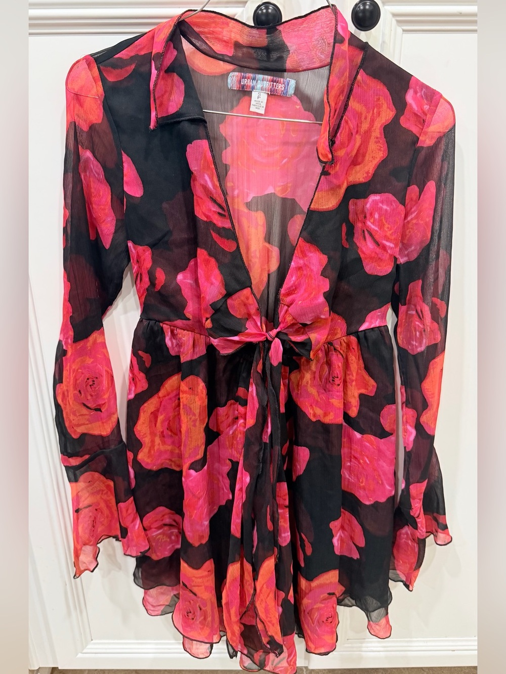 Urban Outfitters Pink and Black Sheer Floral Tie-Front Top